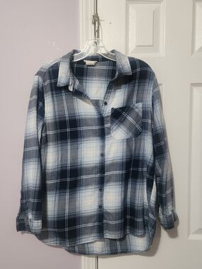 Navy and White Plaid Button-Up Shirt